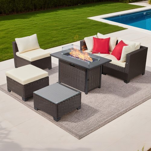 6-Piece Outdoor Patio Furniture Set with Propane Fire Pit Table