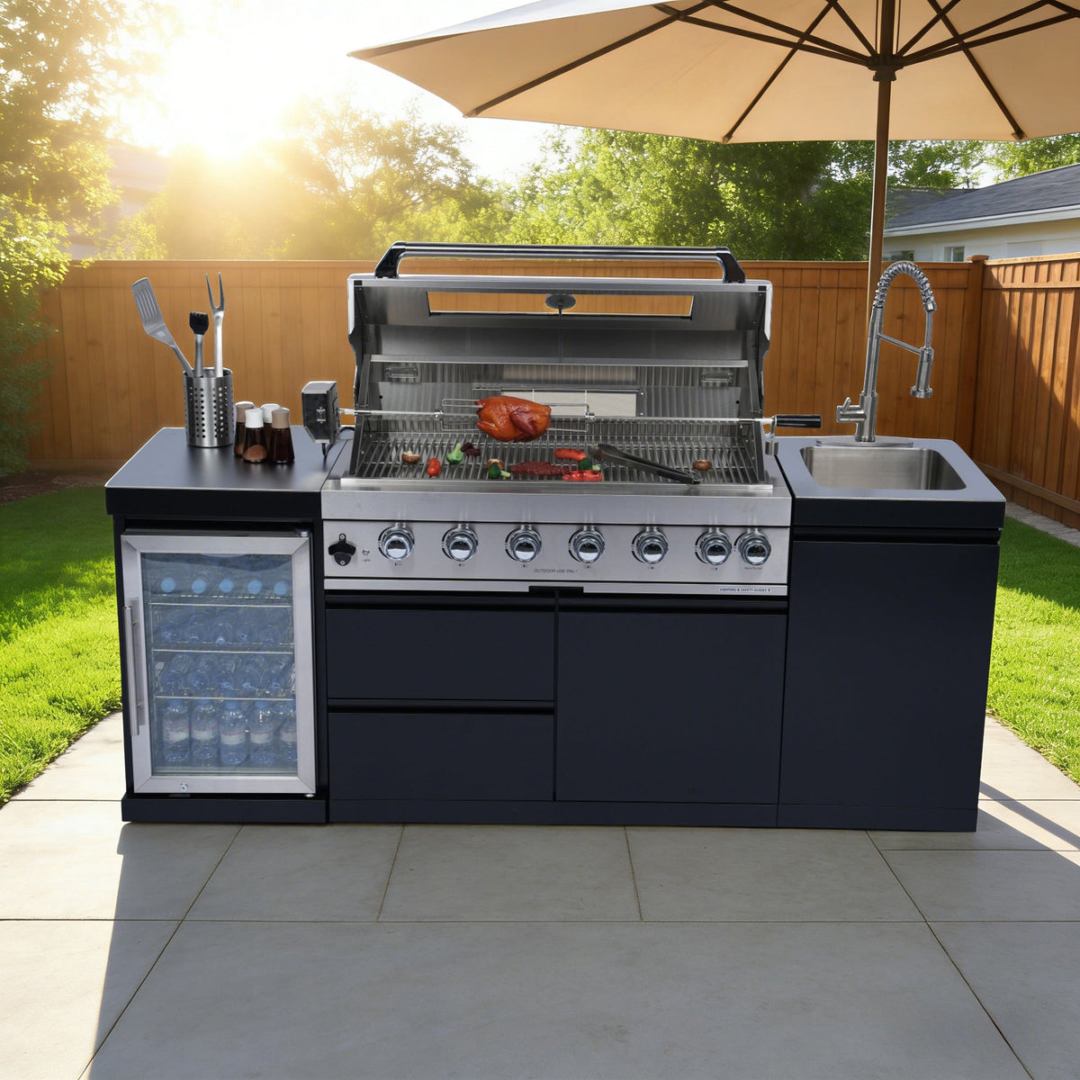 Deluxe Stainless Steel Gas Outdoor Kitchen Grill with Wine Cooler, 82-Inch 6-Burner