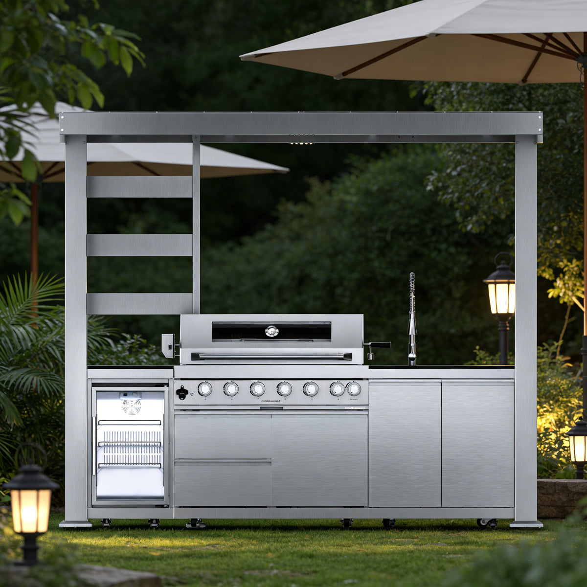 Stainless Steel Outdoor Kitchen Grill with Granite Top & Refrigerator - Silver