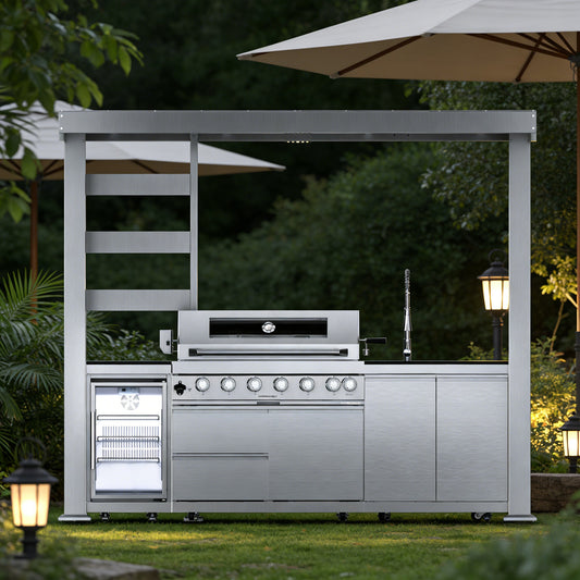 Stainless Steel Outdoor Kitchen Grill with Granite Top & Refrigerator - Silver