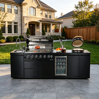 115-Inch Stainless Steel Outdoor Kitchen Barbecue Island Grill with Granite Countertops - Black