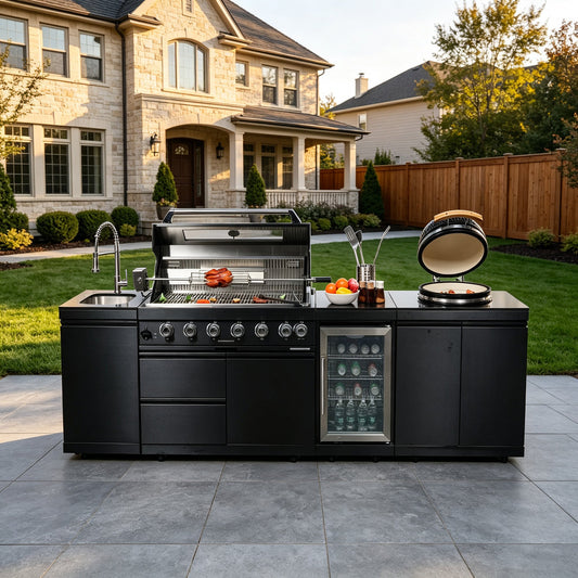 115-Inch Stainless Steel Outdoor Kitchen Barbecue Island Grill with Granite Countertops - Black