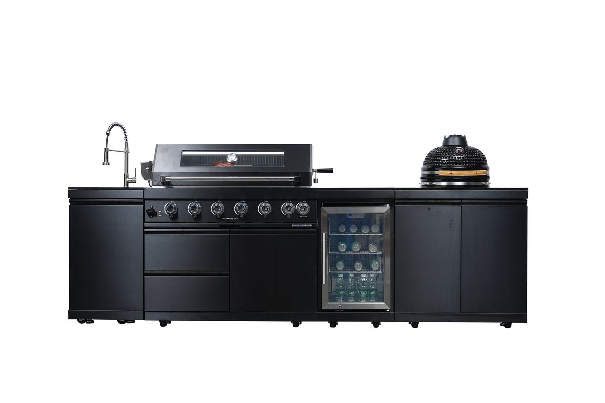 115-Inch Stainless Steel Outdoor Kitchen Barbecue Island Grill with Granite Countertops - Black