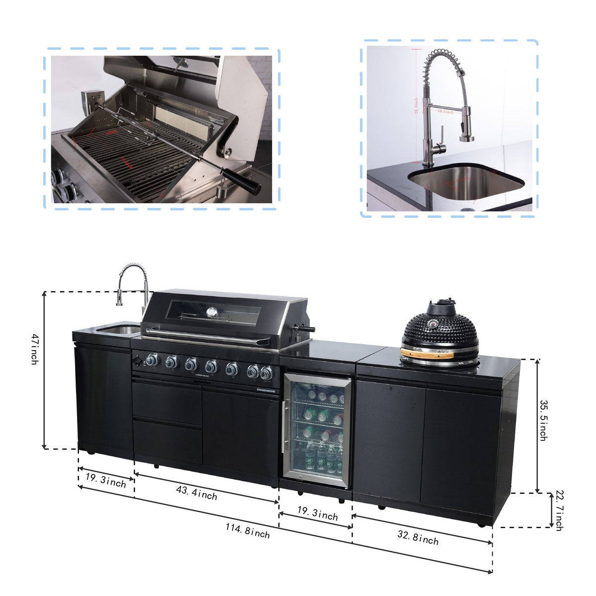 115-Inch Stainless Steel Outdoor Kitchen Barbecue Island Grill with Granite Countertops - Black