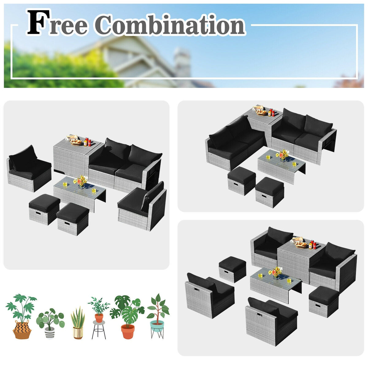8 Pieces Patio Rattan Furniture Set with Storage Waterproof Cover and Cushion
