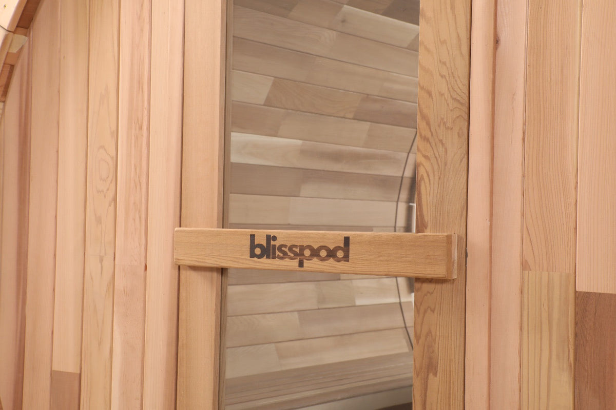 Blisspod - Prague Canadian Red Cedar Outdoor Steam Barell Sauna | 2-4 / 4-6 persons with Full Glass Back & 2 front Porch seats