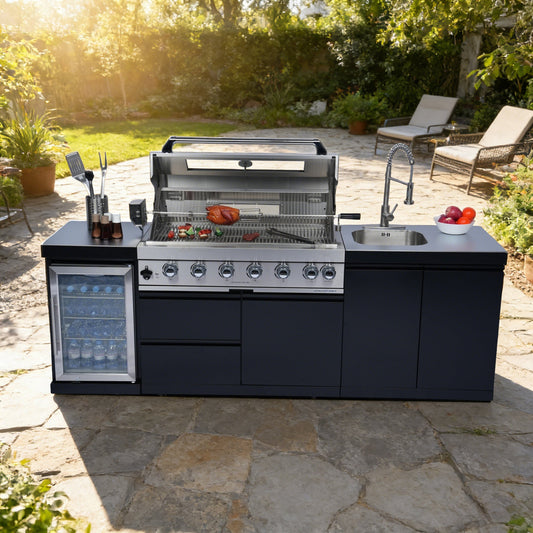 96-Inch 6-Burner Stainless Steel Outdoor Kitchen Grill with Wine Cooler - Black