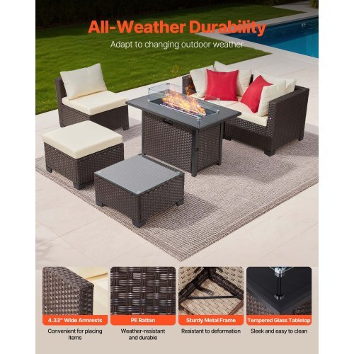 6-Piece Outdoor Patio Furniture Set with Propane Fire Pit Table