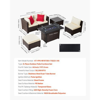 6-Piece Outdoor Patio Furniture Set with Propane Fire Pit Table