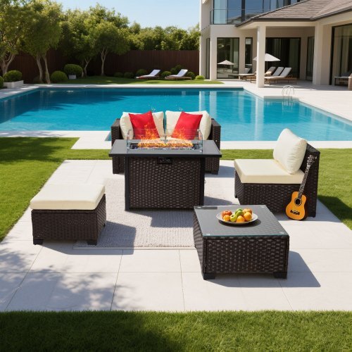 6-Piece Outdoor Patio Furniture Set with Propane Fire Pit Table