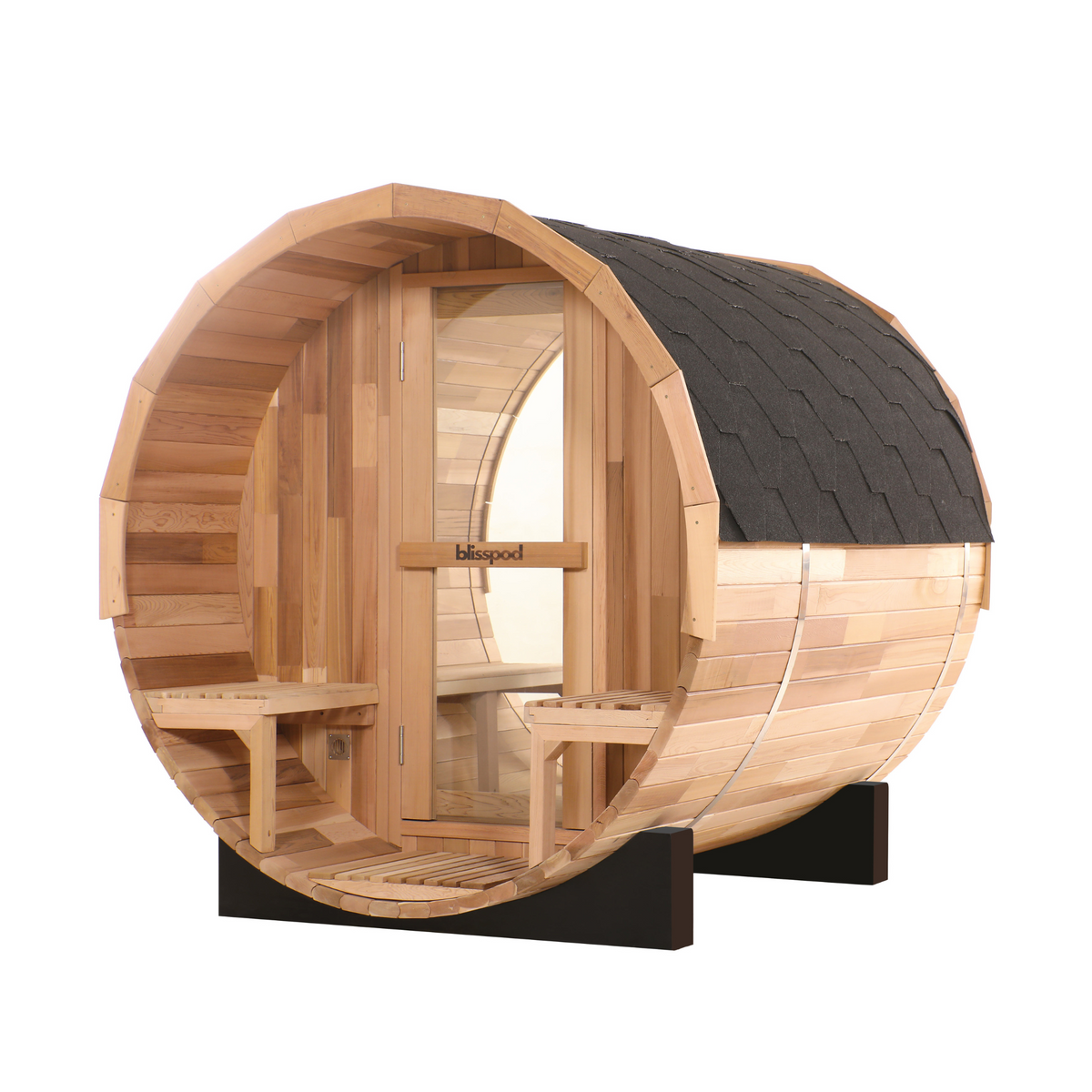 Blisspod - Prague Canadian Red Cedar Outdoor Steam Barell Sauna | 2-4 / 4-6 persons with Full Glass Back & 2 front Porch seats