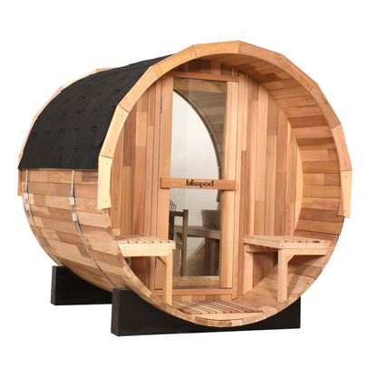 Blisspod - Prague Canadian Red Cedar Outdoor Steam Barell Sauna | 2-4 / 4-6 persons with Full Glass Back & 2 front Porch seats