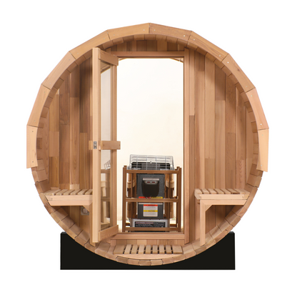 Blisspod - Prague Canadian Red Cedar Outdoor Steam Barell Sauna | 2-4 / 4-6 persons with Full Glass Back & 2 front Porch seats