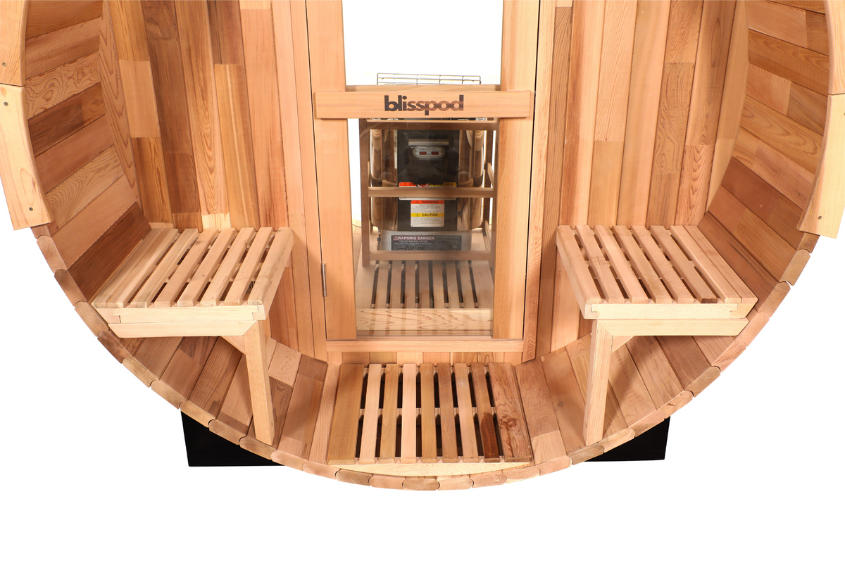Blisspod - Prague Canadian Red Cedar Outdoor Steam Barell Sauna | 2-4 / 4-6 persons with Full Glass Back & 2 front Porch seats