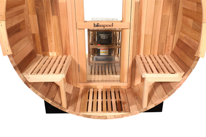 Blisspod - Prague Canadian Red Cedar Outdoor Steam Barell Sauna | 2-4 / 4-6 persons with Full Glass Back & 2 front Porch seats