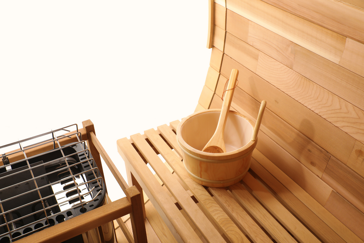 Blisspod - Prague Canadian Red Cedar Outdoor Steam Barell Sauna | 2-4 / 4-6 persons with Full Glass Back & 2 front Porch seats