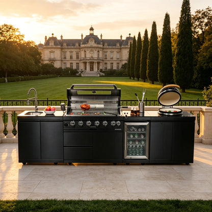 Black Stainless Steel Outdoor Kitchen Grill Island with Kamado & Refrigerator - Black