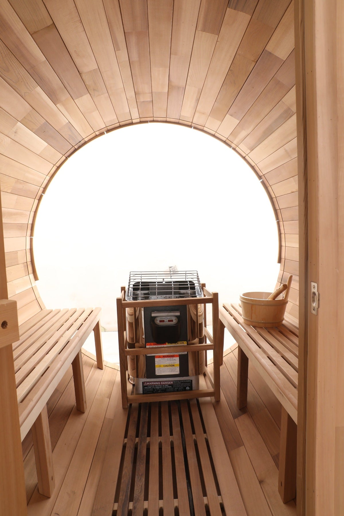 Blisspod - Prague Canadian Red Cedar Outdoor Steam Barell Sauna | 2-4 / 4-6 persons with Full Glass Back & 2 front Porch seats