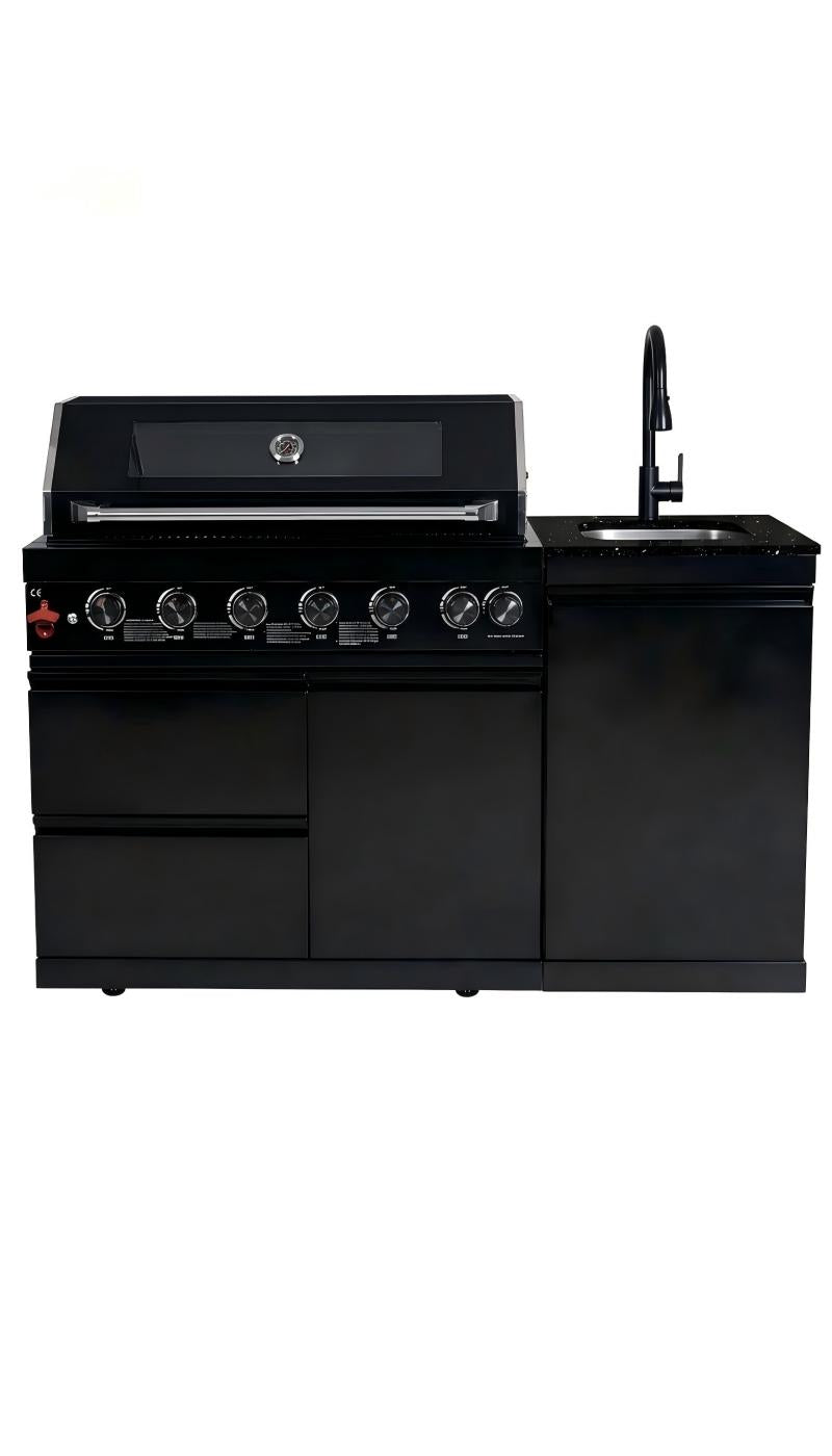 62.6 Inch 6-Burner Outdoor Kitchen Grill with Marble Countertops - Black