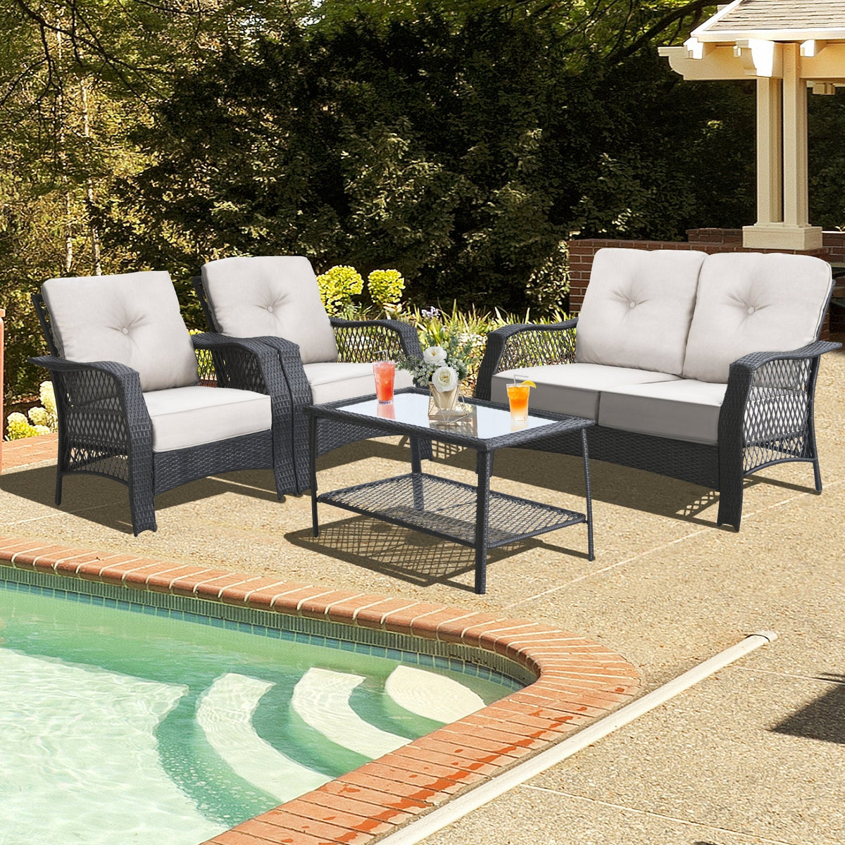 4 Pieces Patio Wicker Furniture Set Loveseat Sofa Coffee Table with Cushion