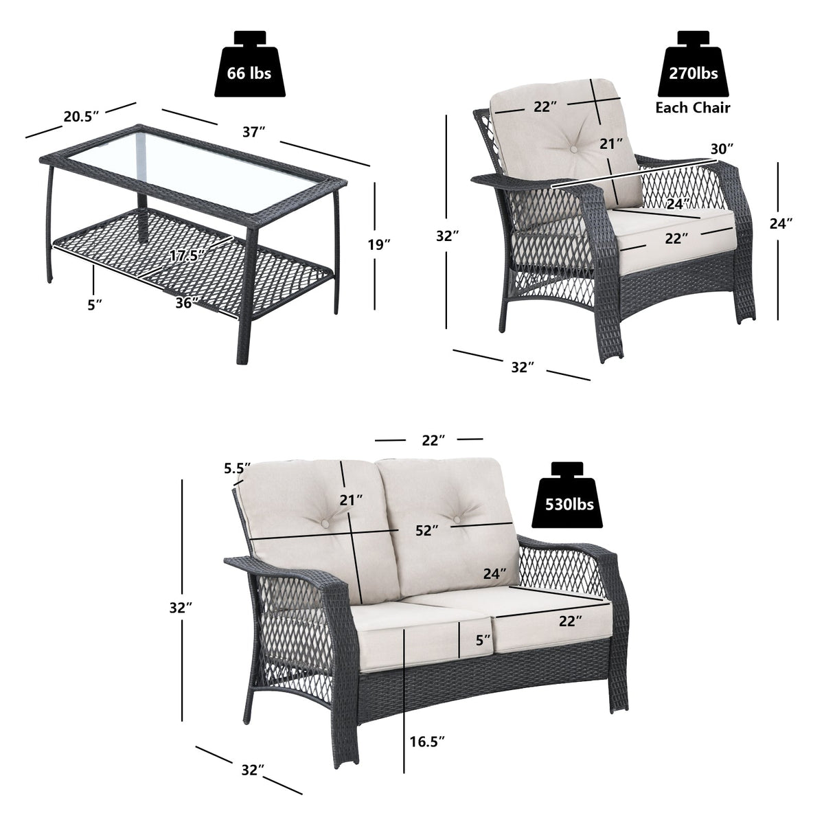 4 Pieces Patio Wicker Furniture Set Loveseat Sofa Coffee Table with Cushion