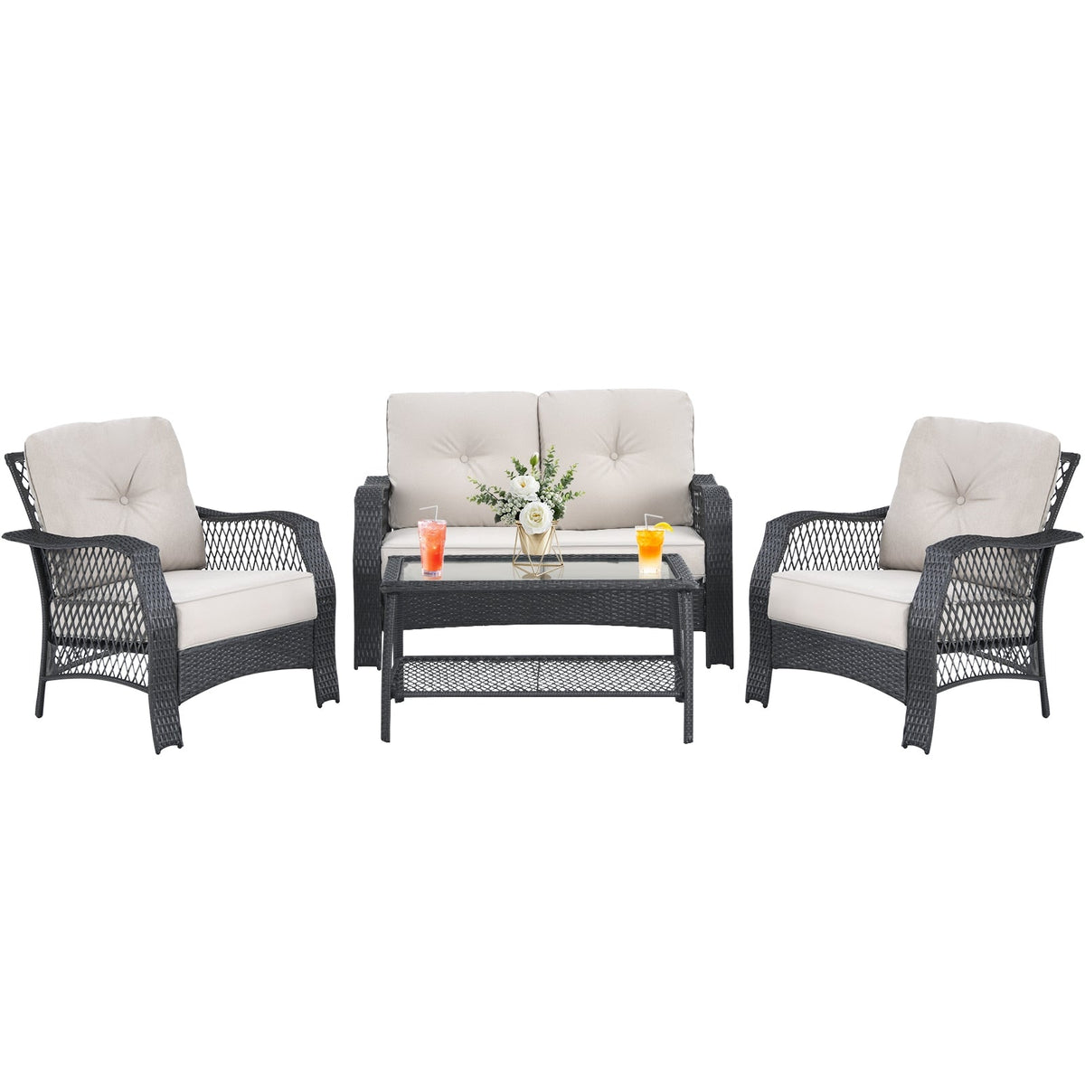 4 Pieces Patio Wicker Furniture Set Loveseat Sofa Coffee Table with Cushion