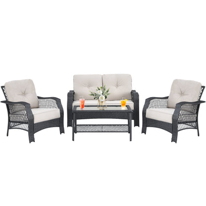 4 Pieces Patio Wicker Furniture Set Loveseat Sofa Coffee Table with Cushion