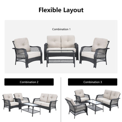 4 Pieces Patio Wicker Furniture Set Loveseat Sofa Coffee Table with Cushion